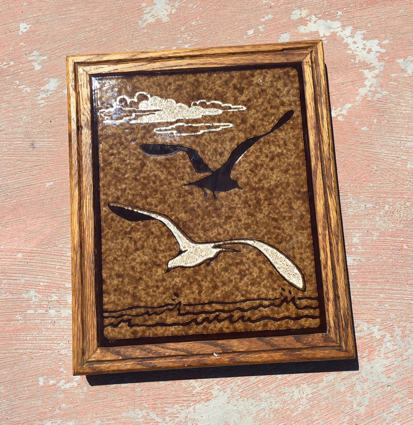 Vtg Italian Ceramic Tile Trivet Birds in Flight Wood Frame Signed Cabbiani Brown
