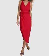 Siena Women's Red V-Neck Sleeveless O-Ring Faux Wrap Dress Size 8