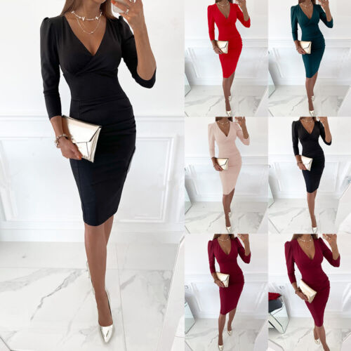Women's Long Sleeve V Neck Bodycon Dress Ladies Evening Cocktail Party Sundress - Picture 1 of 20