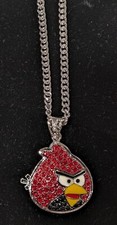 Angry Bird Silver In Color Charm and 24" Necklace RED AND BLACK STONES