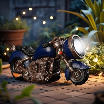Solar Vintage Style Motorcycle Statue, Resin Rustic Sculpture with Lights,Out...