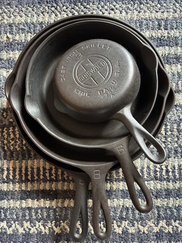 Vintage Griswold Cast Iron Matching Large Logo Skillet Set (3,6,8,9) - Flat