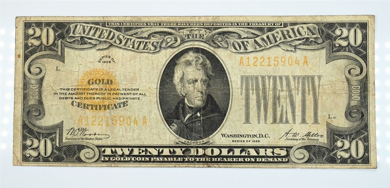 Series 1928 $20 Gold Certificate VF Woods/Mellon FR. 2402 