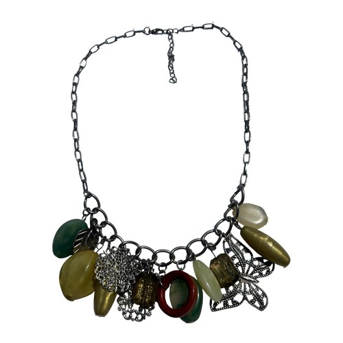 Fairy Silver Chunky Charm Necklace Green Bead Butterfly Leaf Boho Whimsical
