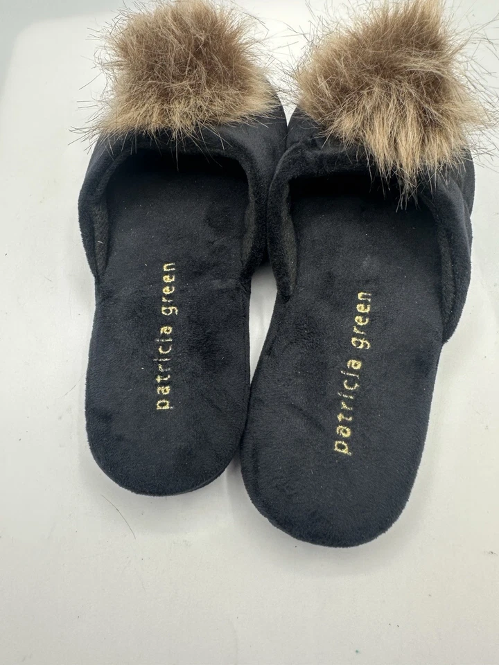 Patricia Verde Bonito Puf Zapatillas Negro Terciopelo Marrón Pom Pom Mujer Talla M Foto 3 de 4