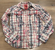Desigual Button Up Shirt Women's 40 Small Red Blue Plaid Sparkle Sketches Words