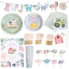 195 Pcs Watercolor Farm Animals Theme Birthday Party Tableware Set Serves 24