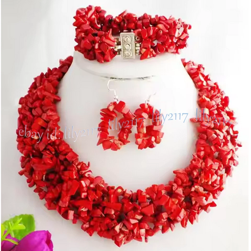 6 Rows Natural Red Coral Irregular Chip Gems Beads Necklace Bracelet Earring Set - Image 4 of 4