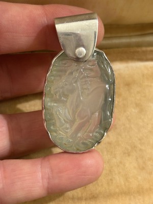 Antique Carved Jade Silver large pendant