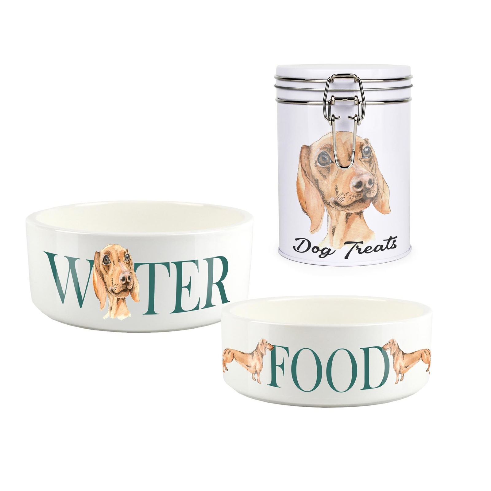 Dachshund Pet Bowls & Treat Canister Set - Food/Water Gifts for Dog Owners