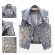 Lady Denim Beaded Waistcoat Vest Embroidery Gilet Floral Lace Coat Jacket Vest