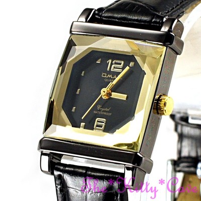 Omax CN7804 Hämatit überzog Gold Facetten Glas Dünn Leder Uhr Mit Seiko Uhrwerk