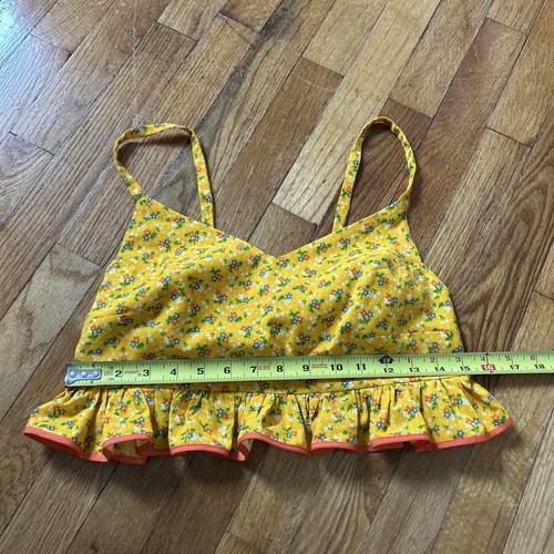 True Vintage 1970s Handmade Halter Top Calico Cropped Ruffles Yellow Button Back - Picture 6 of 7