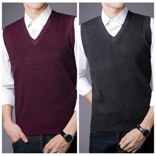 Men Knit Vest Tank Top Sleeveless Knitwear Plain Jumper Sweater Rib Waistcoat