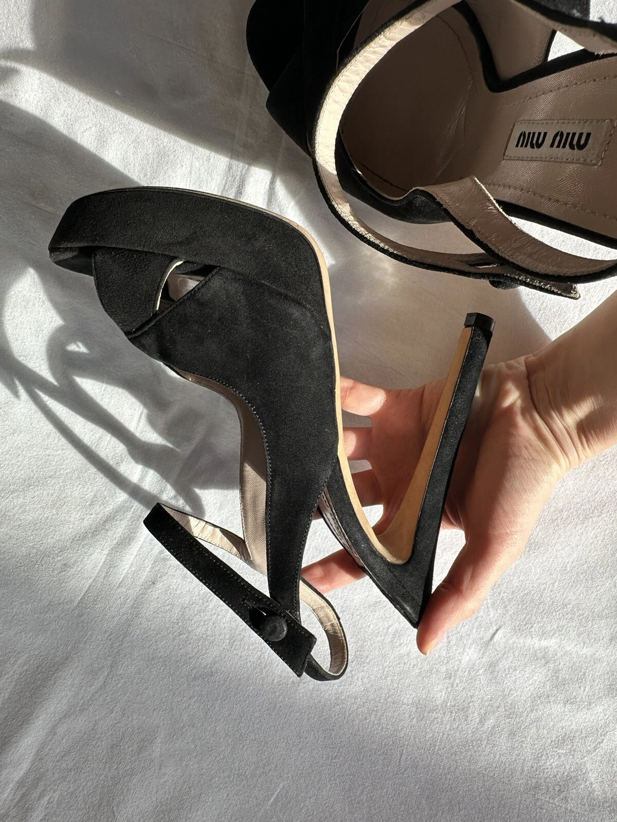 Miu Miu sandalo nero scamosciato punta aperta cinturino plateau slingback pompa tg 39