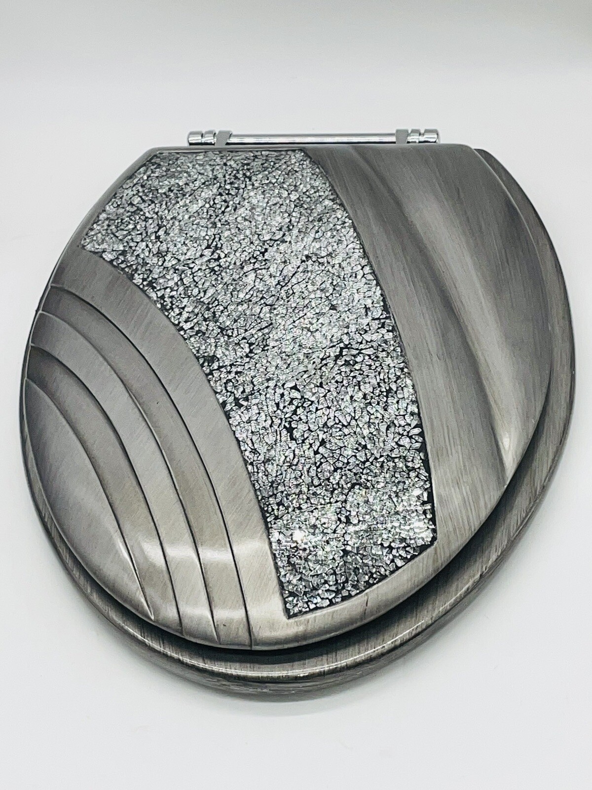 INDIA INK OMNI PEWTER &ldquo;HEAVY!!&rdquo; CRACKED GLASS~CARVED LID/HARDWARE TOILET SEAT