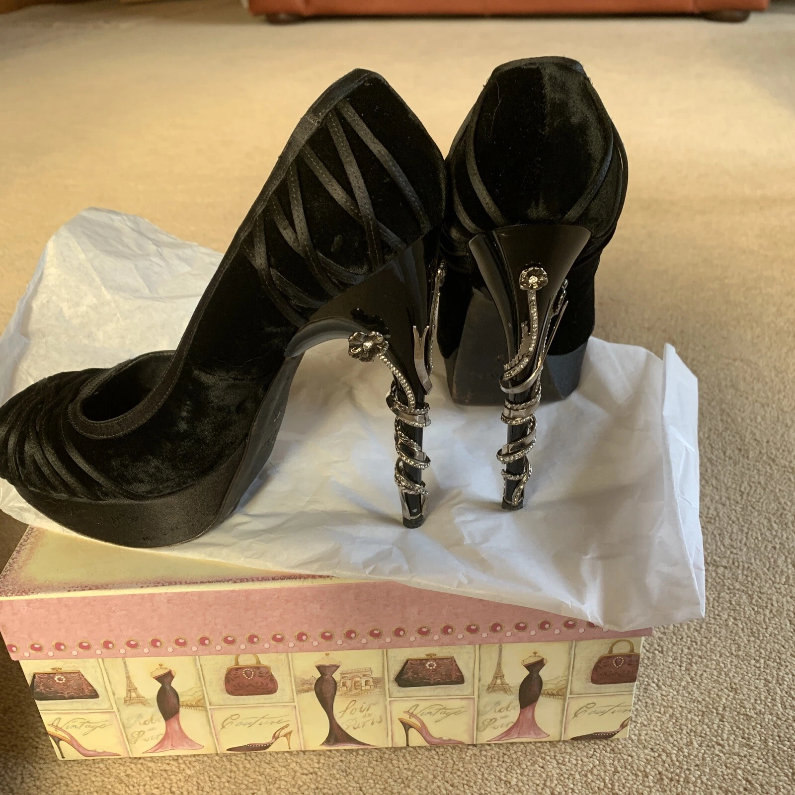 Rare chaussures vintage Christian Dior plateforme ruban velours