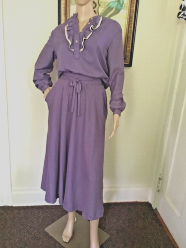 70’s Vintage Purple Boho Lace Ruffle Western Blouse Midi Skirt Set - Bild 2 von 10