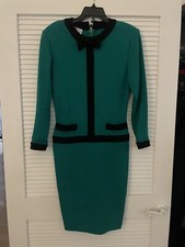 Flora Kung New York Vintage 80s Green Black bow Wool Dress Size 6