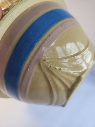 McCoy Yellow Ware Pink Blue Striped Pie Crust Rim 7.5" Mixing Bowl - Picture 7 of 11