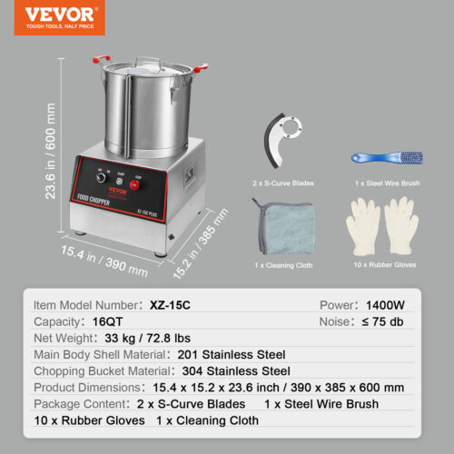 VEVOR Robot de Cocina Trituradora de Verduras 1400W Batidora de Acero Inoxidable 17,62L Plata - Imagen 7 de 12