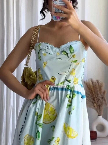 ZARA NEW WOMAN MIDI STRAPPY LEMON PRINT POPLIN DRESS OPEN