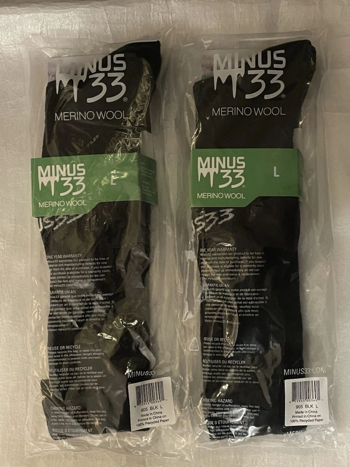 Lot of 2 Pairs - Minus 33 Merino Wool Socks Black Large Brand New