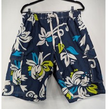 Kanu Surf Mens Swim Trunks Board Shorts Navy Floral Print Cargo Pockets Size L