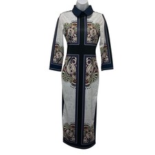 Paisley Print Contrast Collar Bodycon Navy Dress Women’s Size S Long Dress Shein