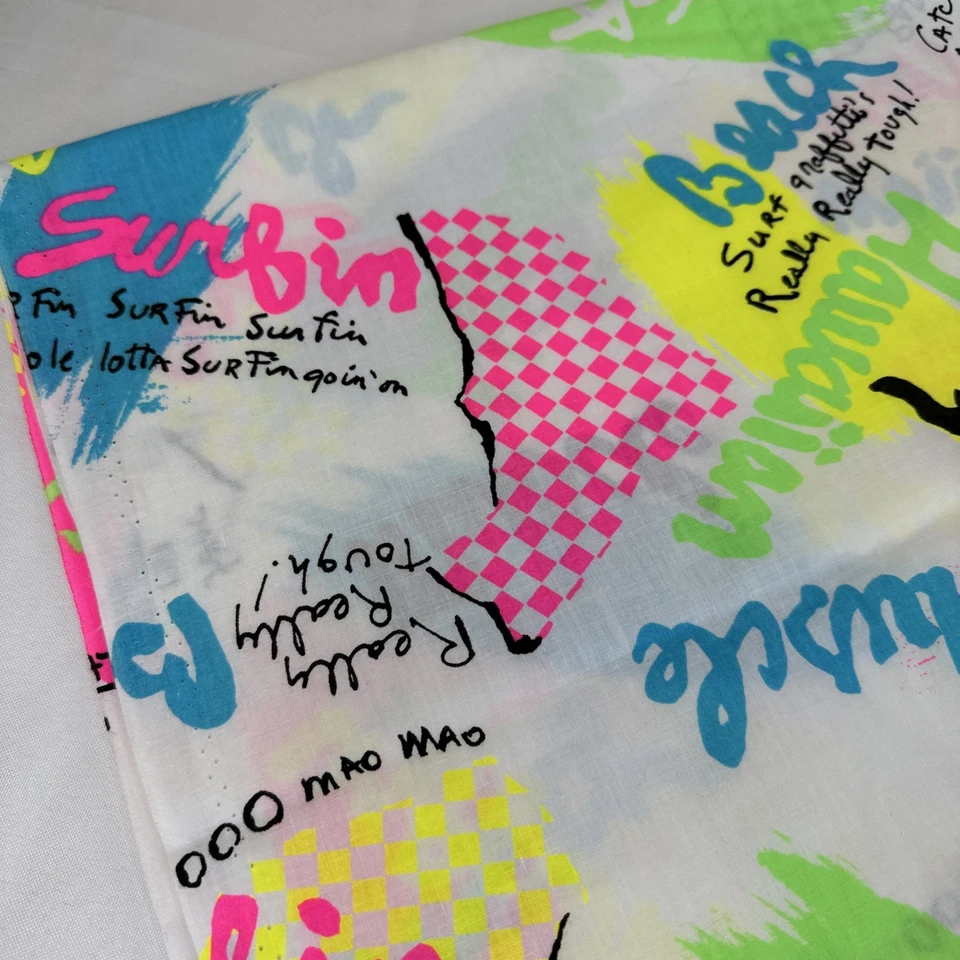 Vtg 80s Neon Fabric Surf Tropical Muscle Beach Graffiti Dude Retro 72” x 46” - Image 3 of 4