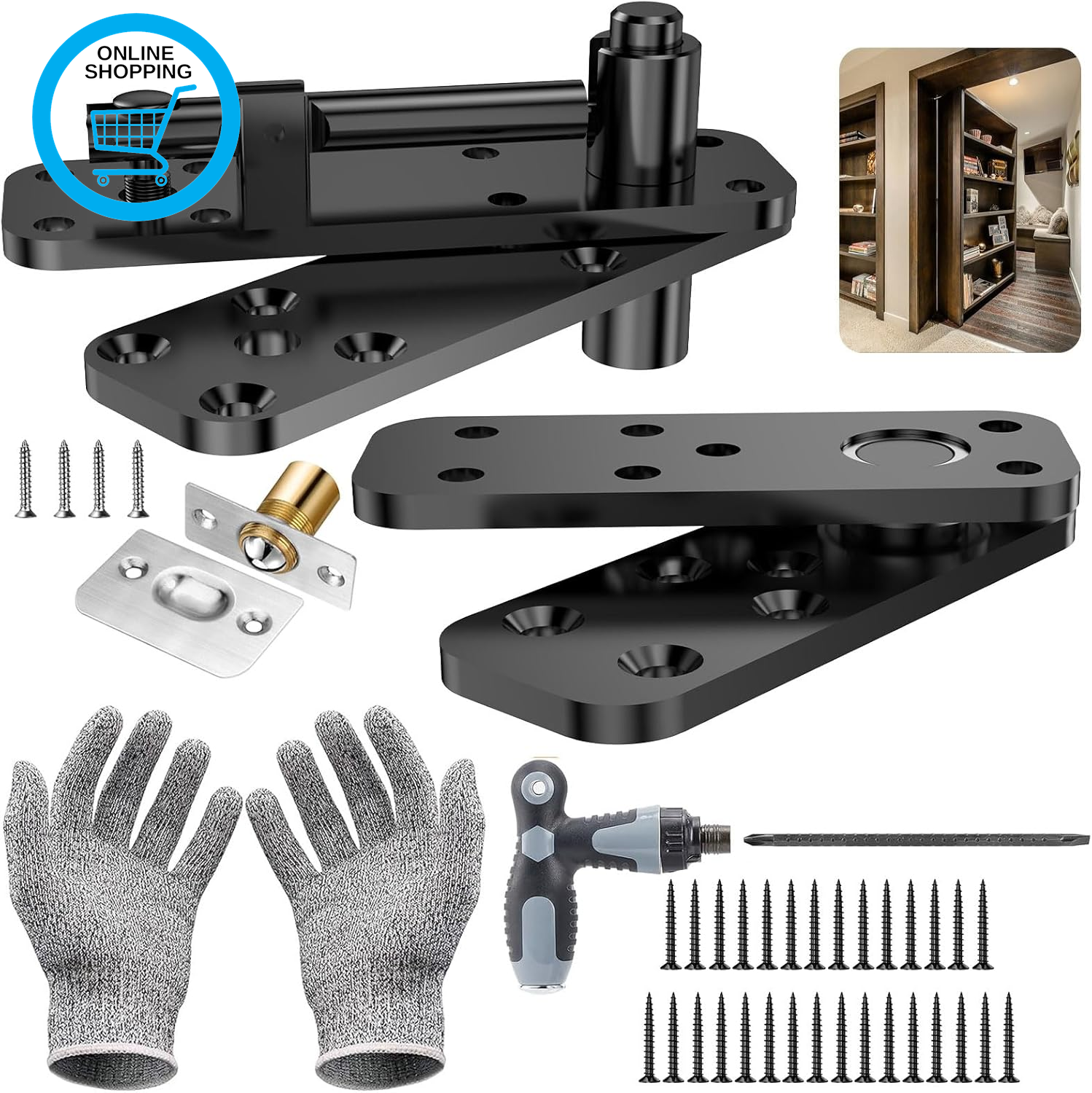 Hidden Door Hinge, 570LBS Load-Bearing Heavy Duty Pivot Door Hardware, 360° Rota