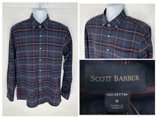 Scott Barber NWT Navy Red Plaid Button Down Shirt Size Medium 100% Cotton Office