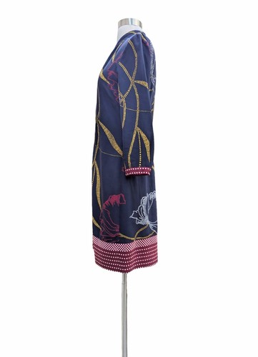 BETH BOWLEY Shirt Dress Silk Dark Blue Red Yellow Button Front Sz 4 - Picture 3 of 8