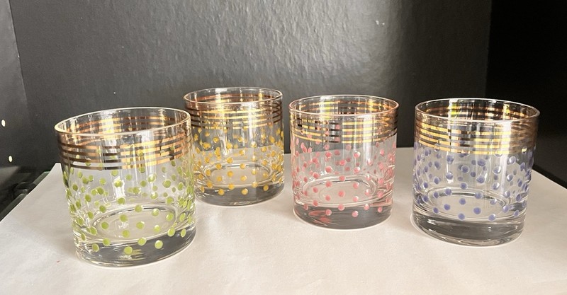 MCM Federal Glass Polka Dot Low Ball Glasses Gold Trim 8 Oz Set of 4