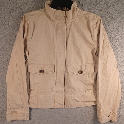 Gap Womens Tan Brown Button Jacket Size Medium Mock Neck Long Sleeve Pockets
