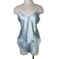 Vintage Alana Gale Satin Lingerie Sleepwear Set Shorts Tank Ice Blue Medium