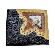Western Stakes Leather Bi Fold Wallet Cowboy Praying at Cross Concho Tooled Cowb