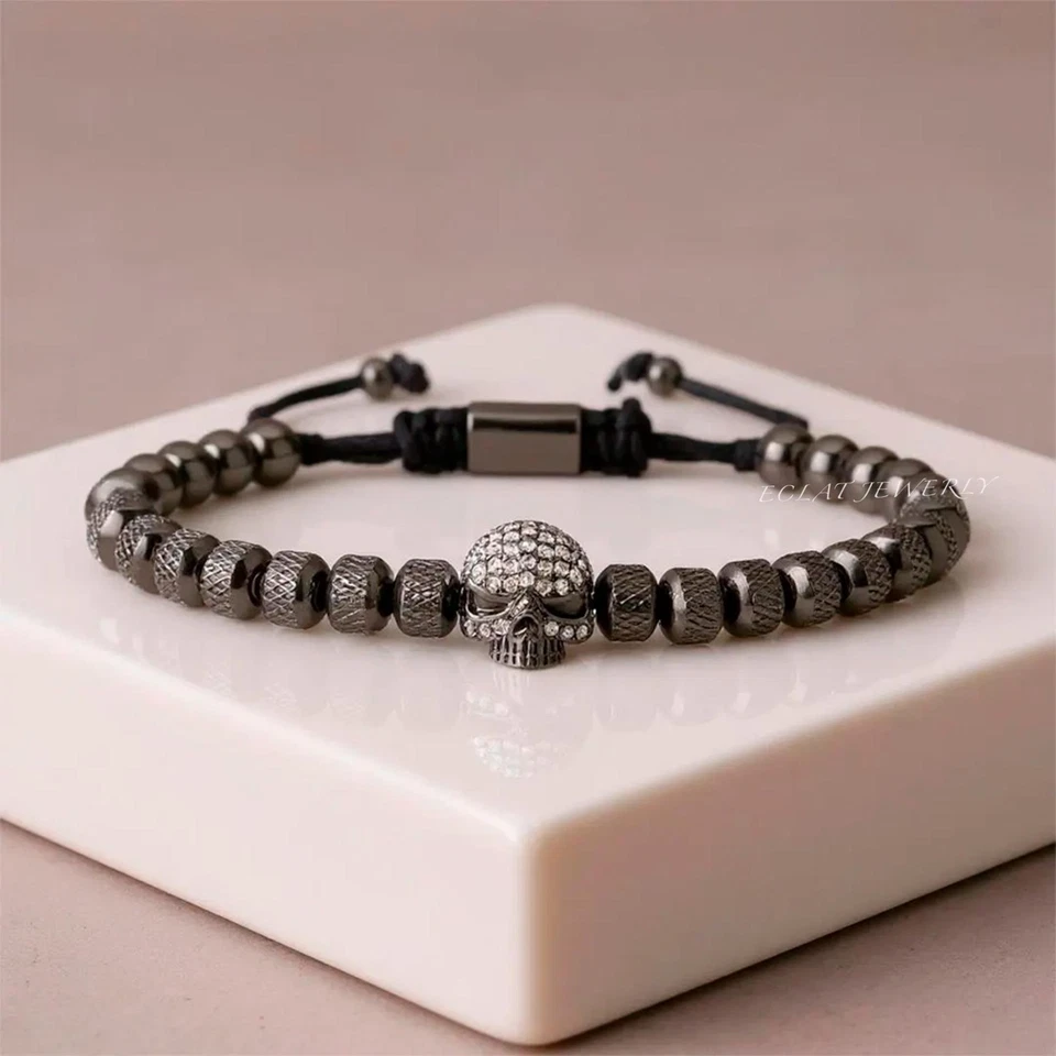 Мужской браслет с бисером и черепом: бусины из медного сплава, хрустальная подвеска, регулируемый шнур - Изображение 4 из 4