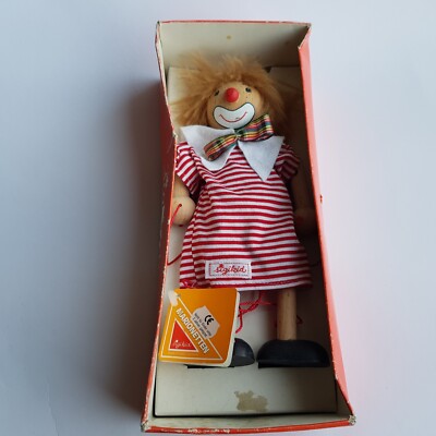 Sigikid Marionette String Clown Doll VTG Red white stripe dress West Germany