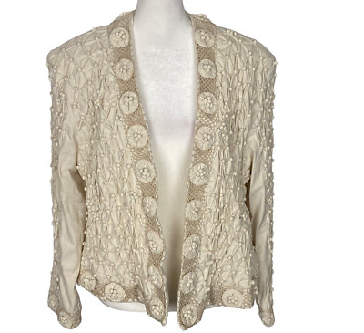 Vtg LIM'S Women Short Open Front Knotted Texture Silk Blazer Sz PL Ivory 44-7