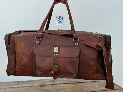 24" Large Leather Duffle Travel Gym Vintage Men Brown Luggage Weekend Bag Tote - Picture 10 of 15