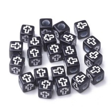 50 Cross Beads Black Cube Spacers Acrylic Religious Catholic Findings 6mm Bulk