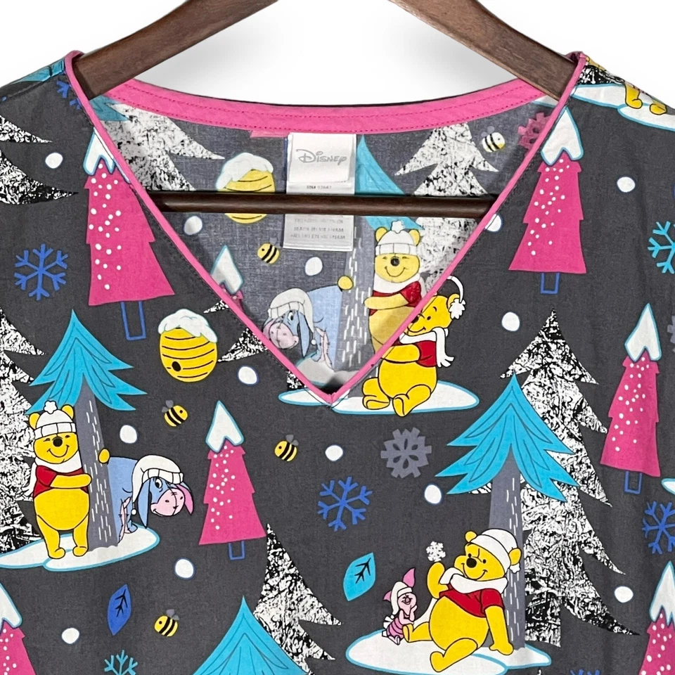 Disney Scrubs Women Size 2X Winnie the Pooh Pockets Short Sleeve V-Neck Cotton - Image 3 of 4