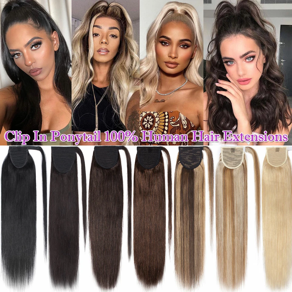 Ponytail Clip In Remy Real Human Hair Extension Wrap Around Claw Hairpiece Black - Image 3 of 4