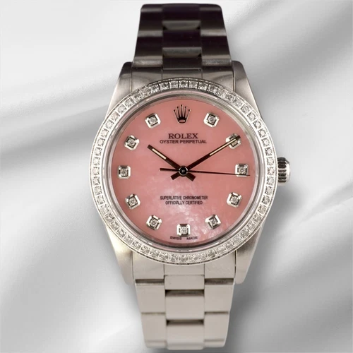 Rolex 34mm Oyster Perpetual Pink Mop Dial 1ct Diamond Steel Watch 14010