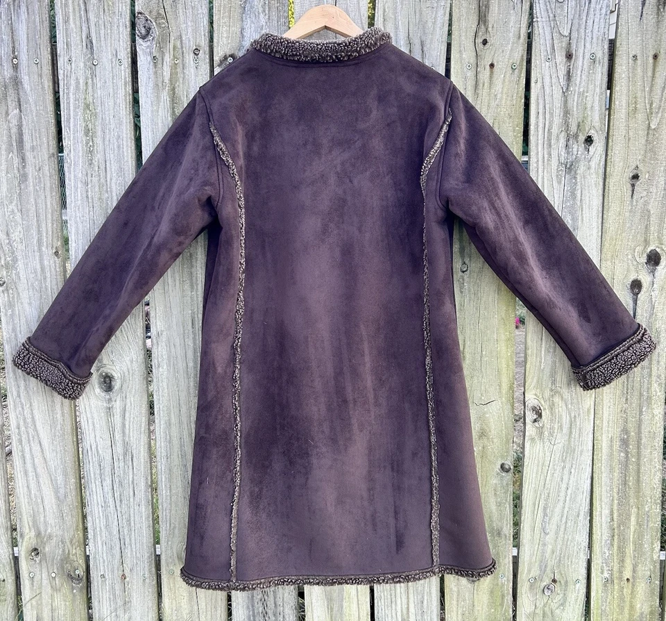 LL Bean Coat Womens Medium Vintage Faux Suede Preppy Classic Sherpa Lined Brown - Image 3 of 4