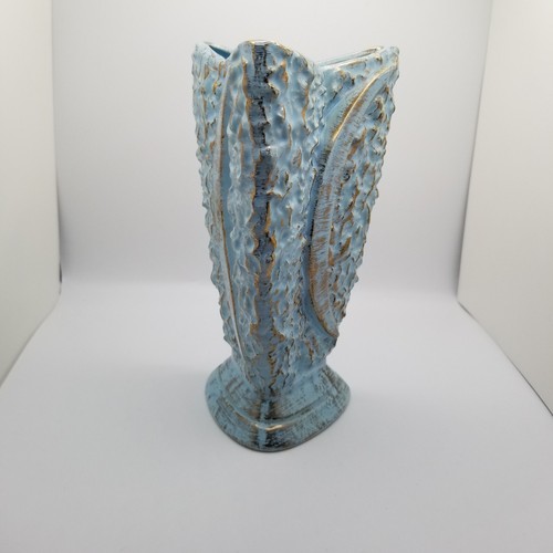 Mid Century Modern Pottery Vase Textured Curved Triangle Blue Gold Crescent Moon - Picture 6 of 12