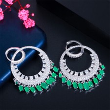 Ladies Boho Silver Plated Round Drop Cubic Zirconia Tassel Huggie Hoop Earrings