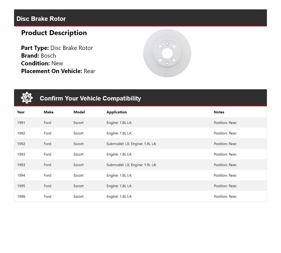Rotor de freno de disco trasero QuietCast Bosch 1991-1996 Ford Escort Bosch 1992 1993 1994 Foto 2 de 4