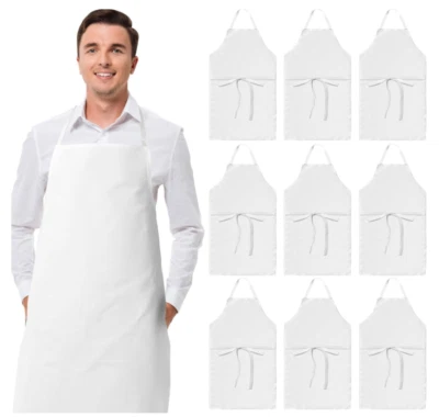 BRANDED White Aprons Bulk - Commercial Chef Bib Apron for Kitchen and Restaurant Cooking